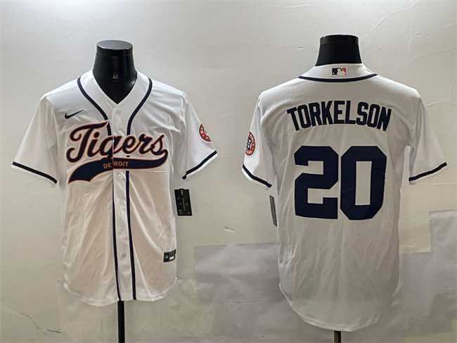 Mens Detroit Tigers #20 Spencer Torkelson White With Patch Cool Base Stitched Jersey